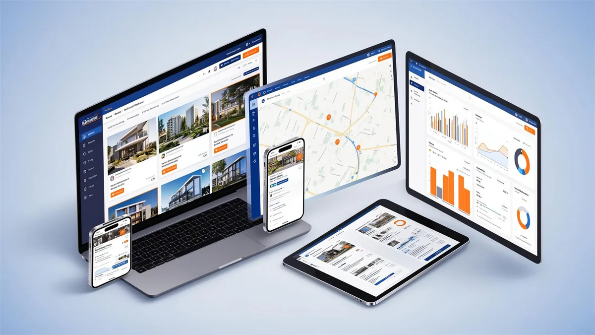 Connected business portal shown across desktop, tablet and mobile screens