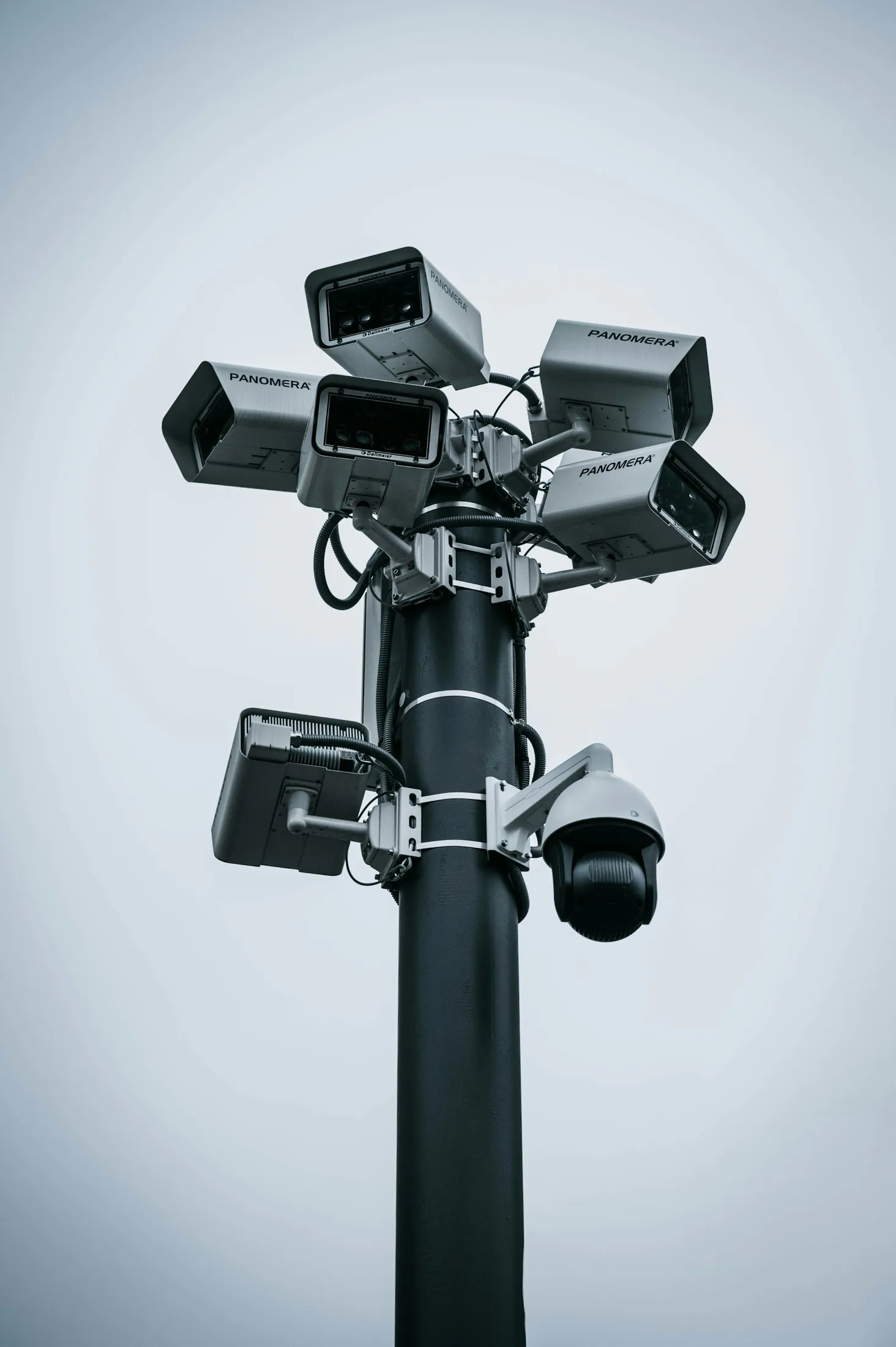 A group of security cameras mounted on a pole
